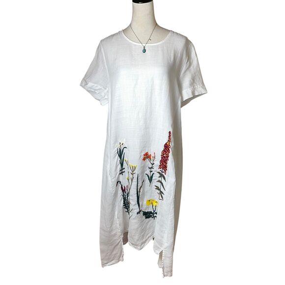 Minibee White Linen Floral Embroidered Midi Dress L | Boho Cottagecore Lagenlook - Picture 1 of 7